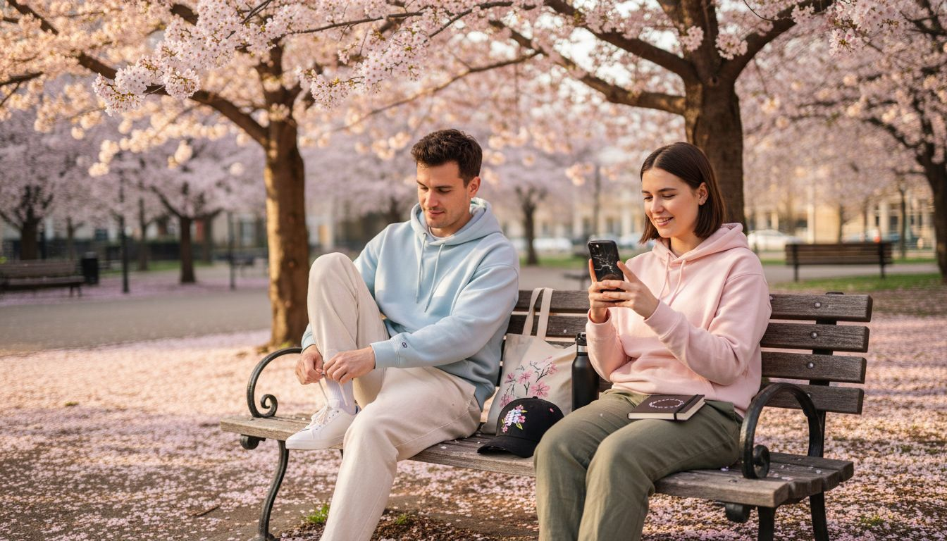 Young adults in pastel streetwear under cherry blossoms