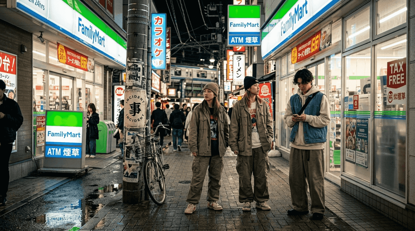 Tokyo streetwear youth outside corner store