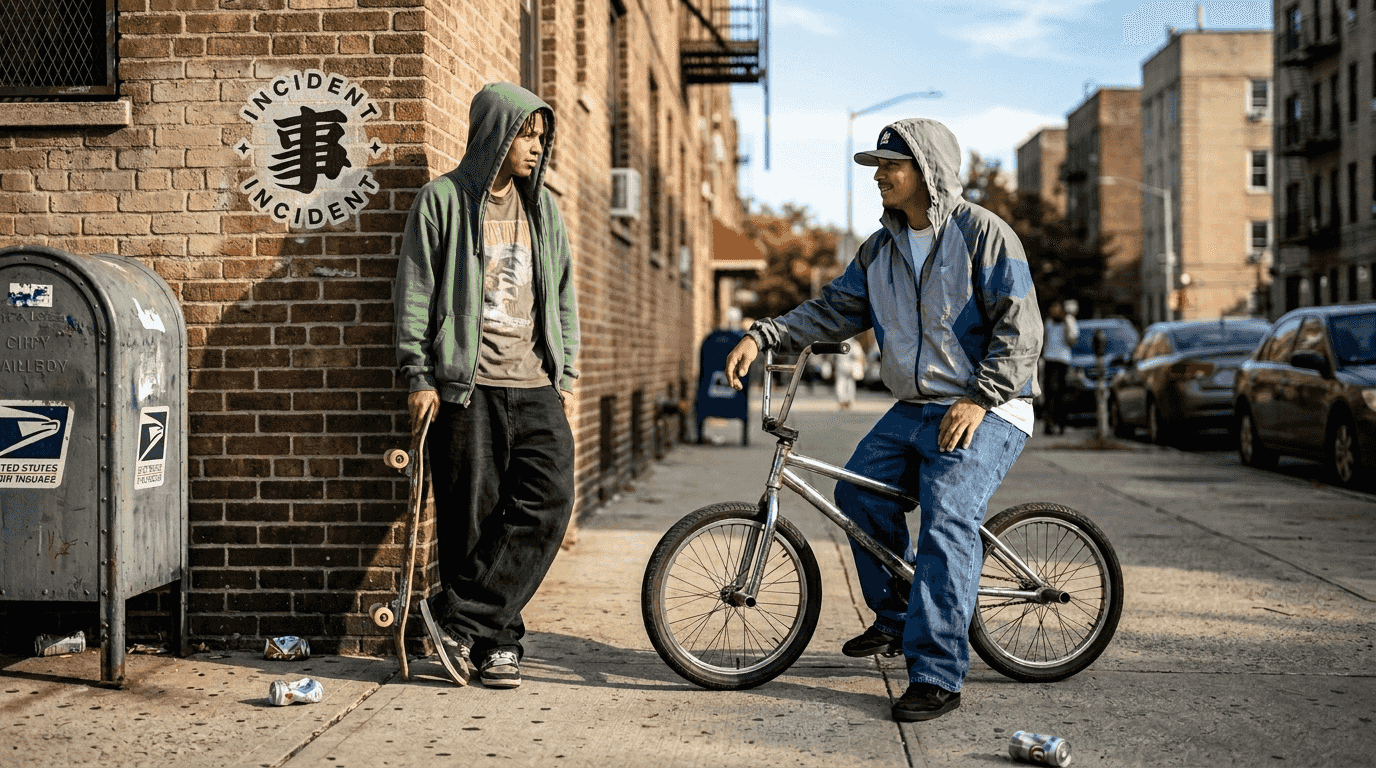 Friends wearing classic streetwear on NYC sidewalk