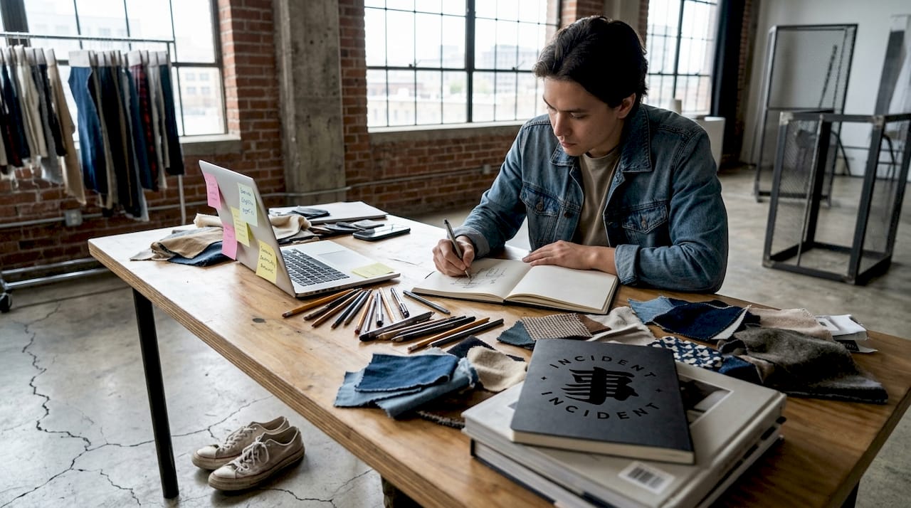 Designer sketching with streetwear materials in studio
