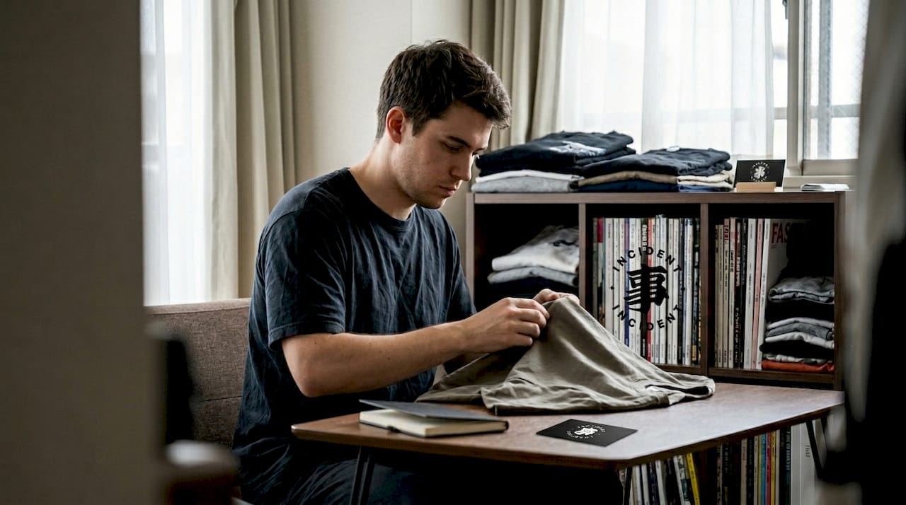 Designer checking streetwear fabric quality