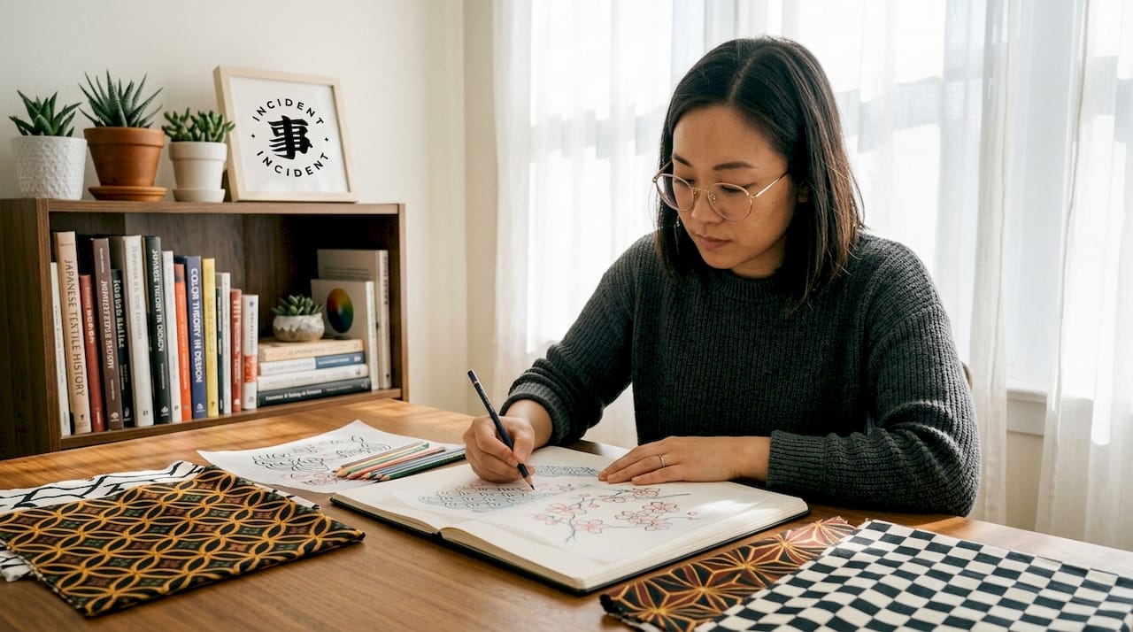 Designer sketching Japanese clothing symbols