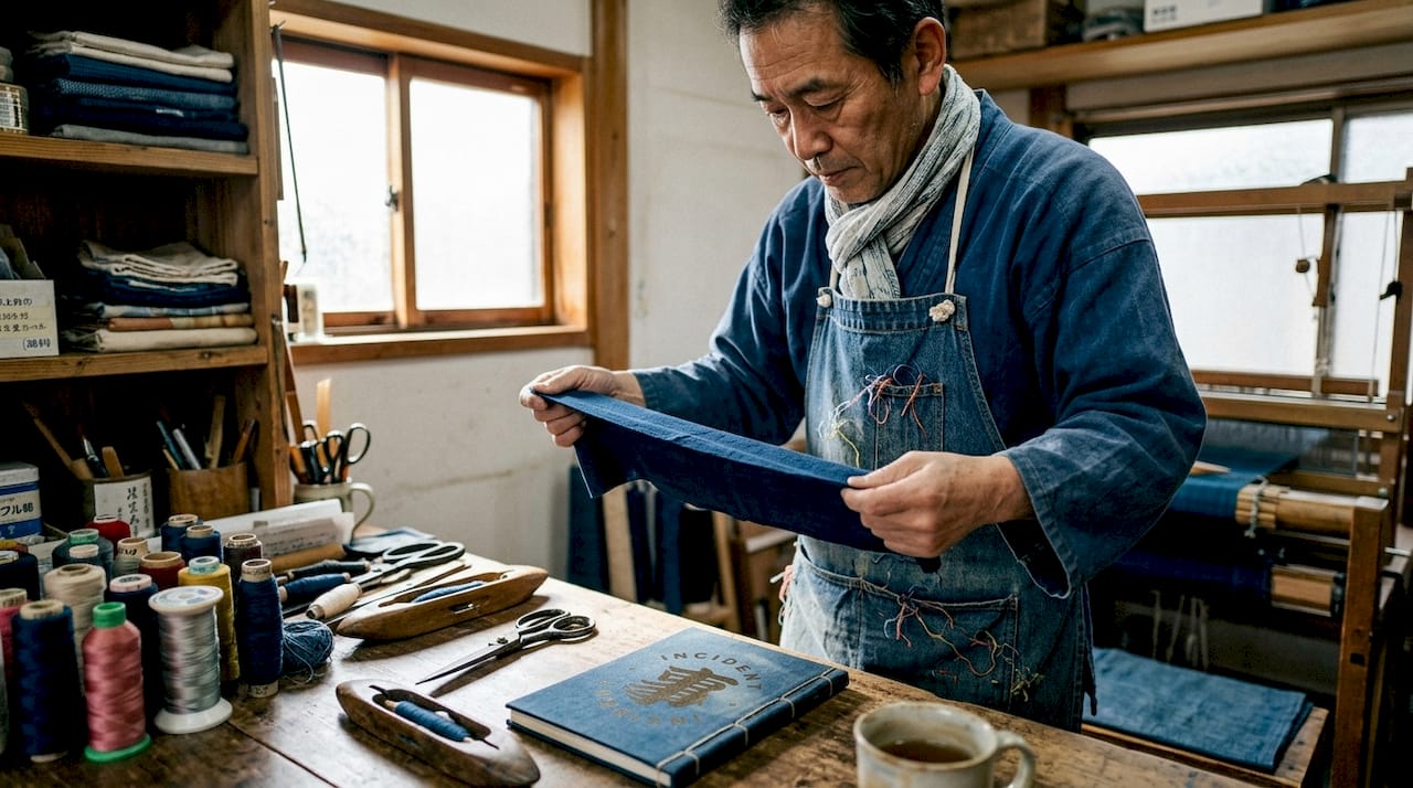 Textile artisan examines Japanese fabric in workshop