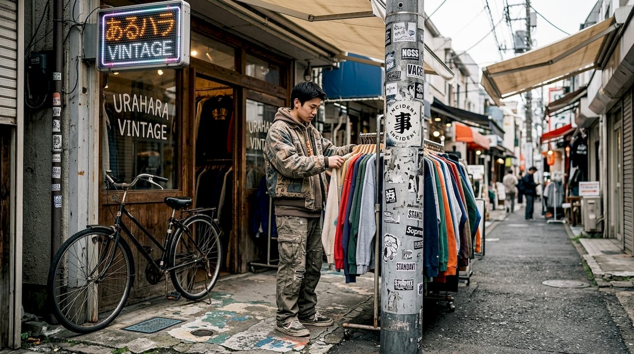 Man shopping vintage streetwear in Harajuku alley