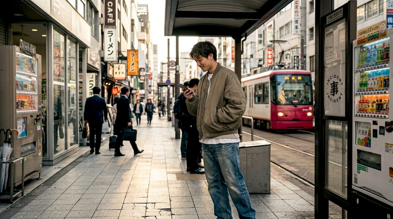 Man wearing Japanese streetwear on city street