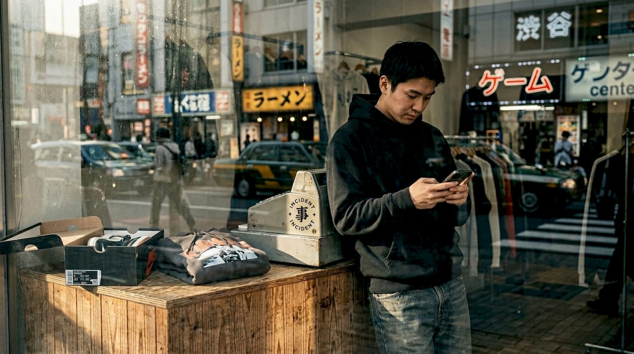 Tokyo streetwear shopper in store window
