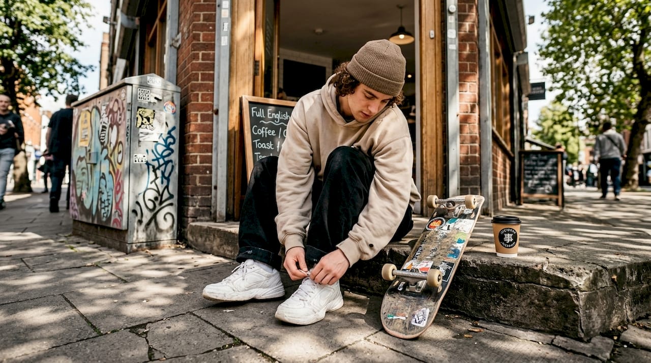 Youth styling oversized streetwear on city steps