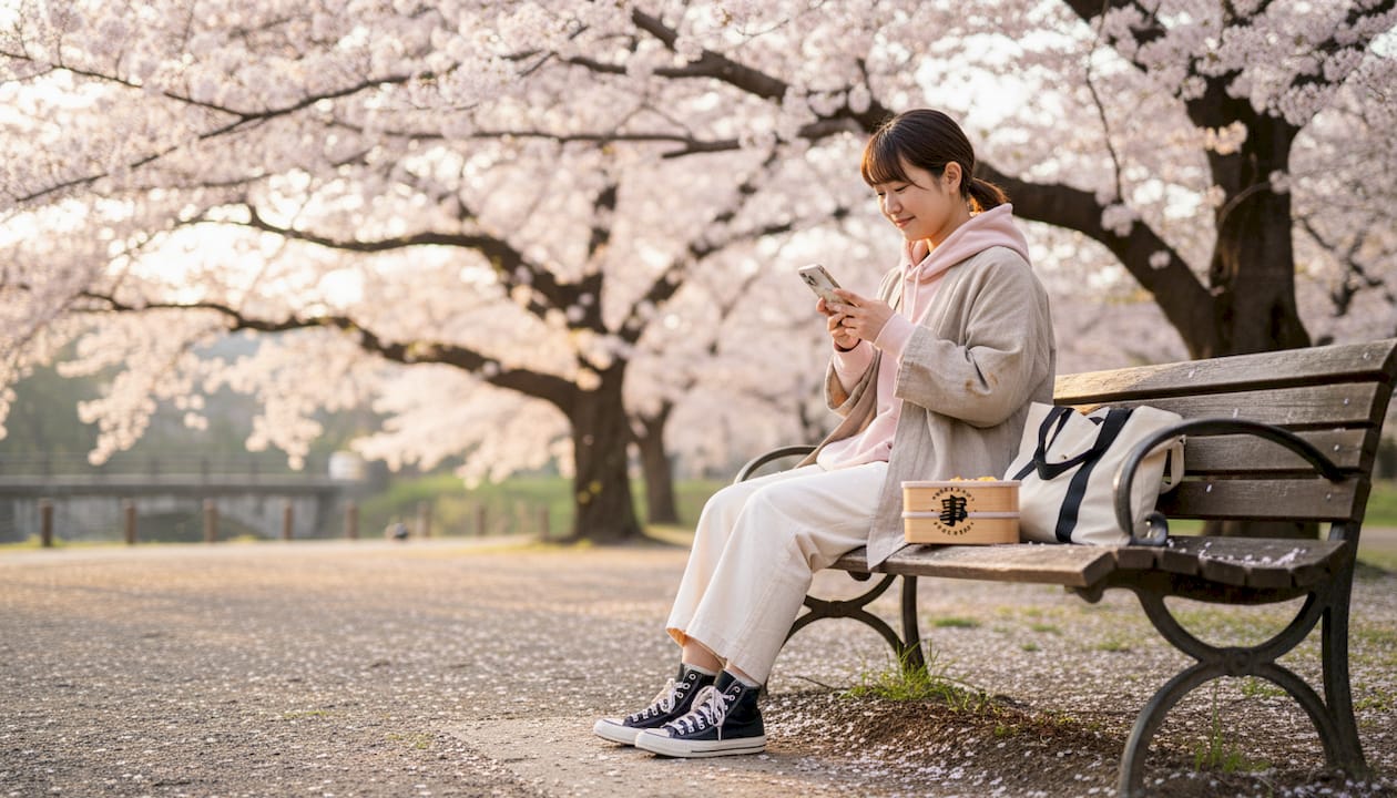Woman in hanami streetwear under cherry blossoms