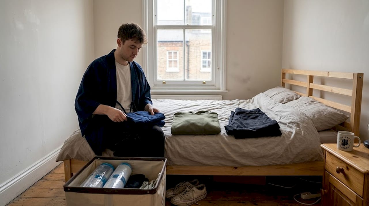 Man organizing Japanese streetwear on bed