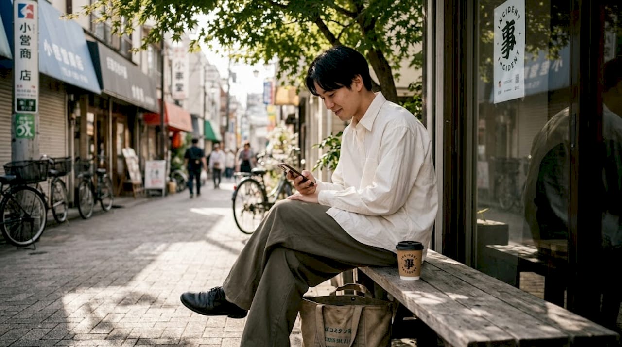 Person in minimalist Japanese streetwear sitting outside