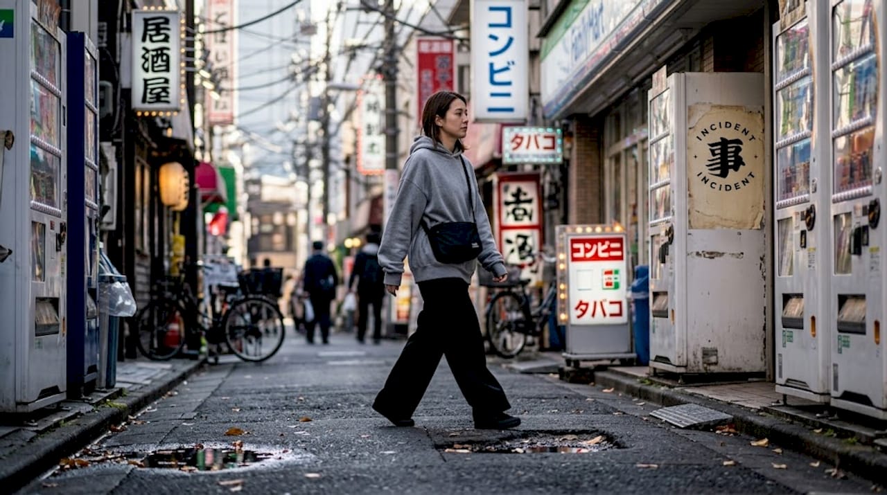 Woman in Japanese streetwear walking Tokyo street