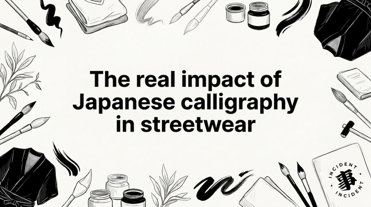 Title card illustration with calligraphy tools and garments