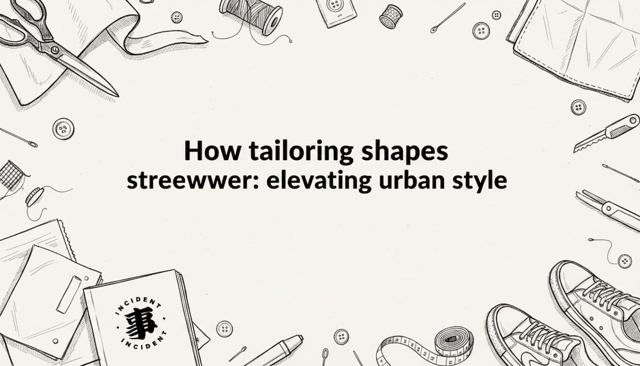 Decorative title card with tailoring tools, sneakers, and blank center