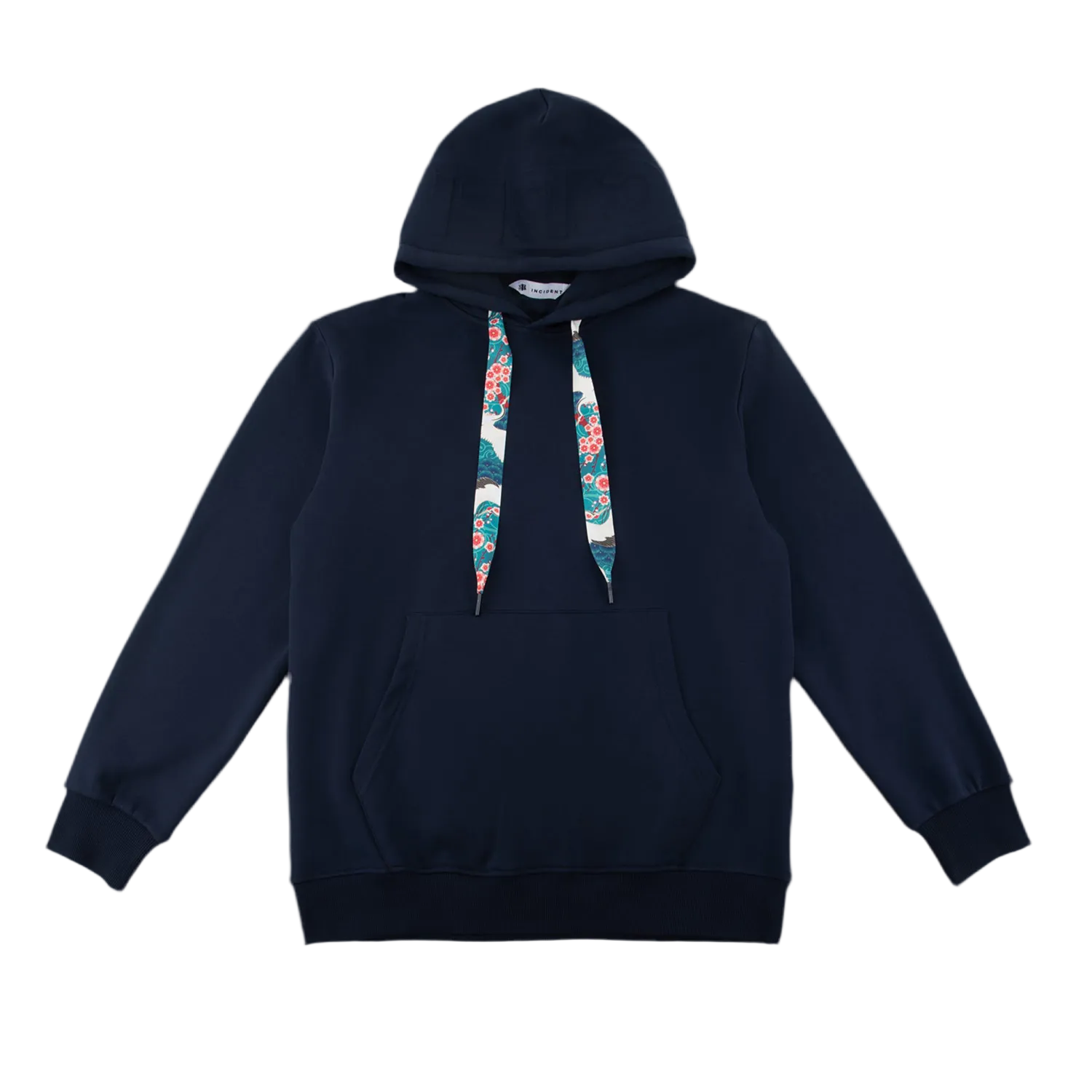 Navy blue hoodie with colorful drawstrings on a light gray background