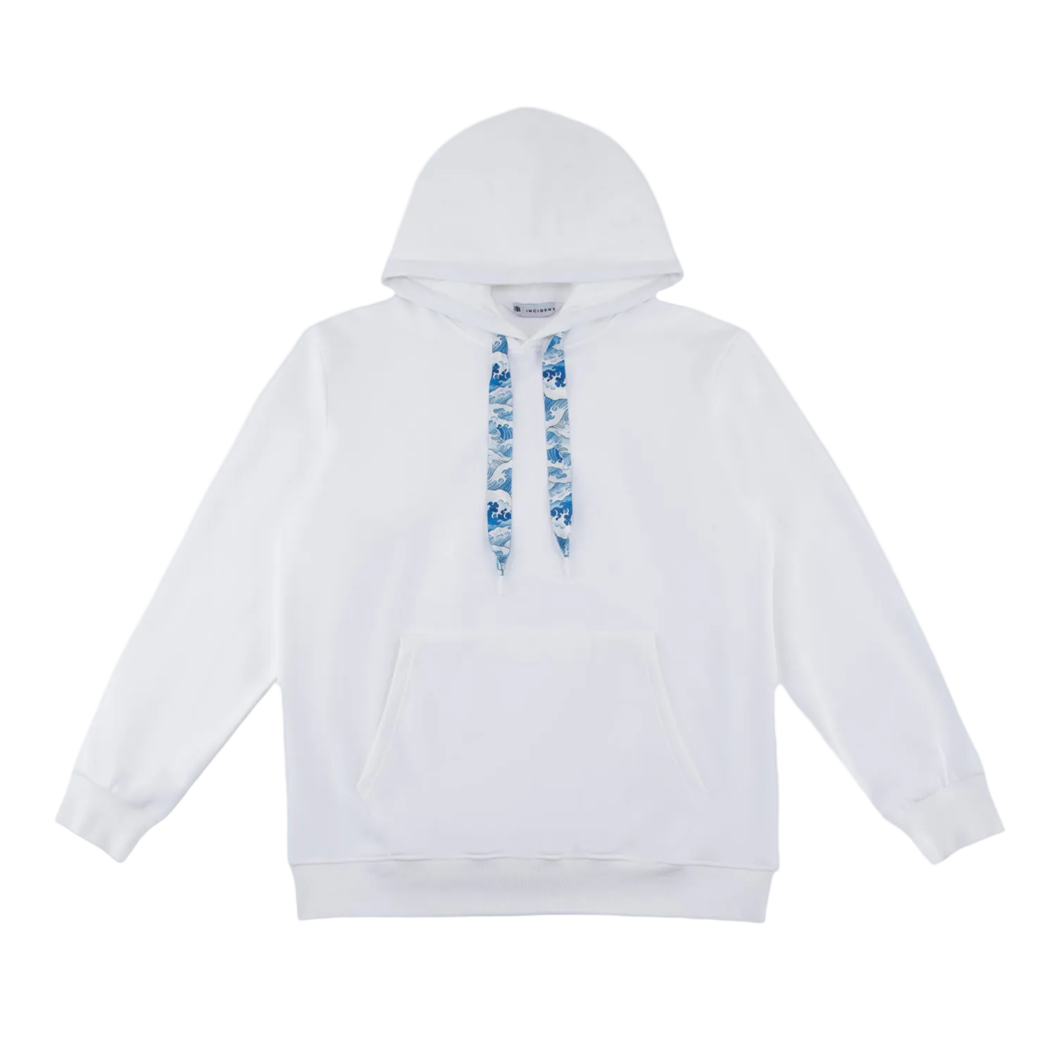 White hoodie with blue pattern on a light gray background