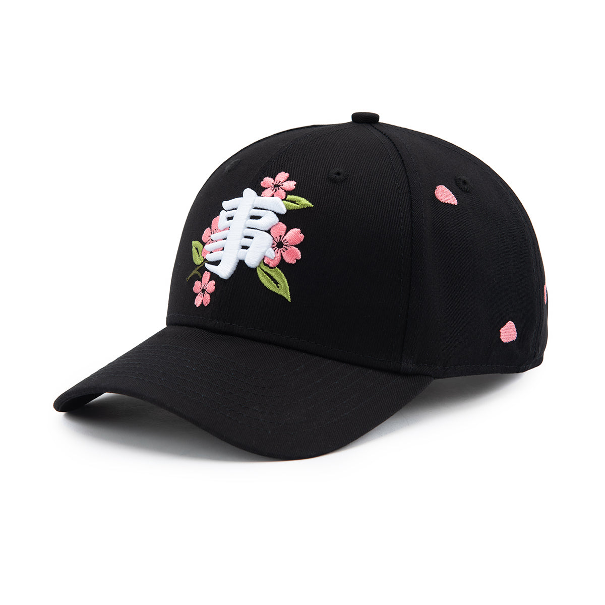 Black cap with floral embroidery on a white background