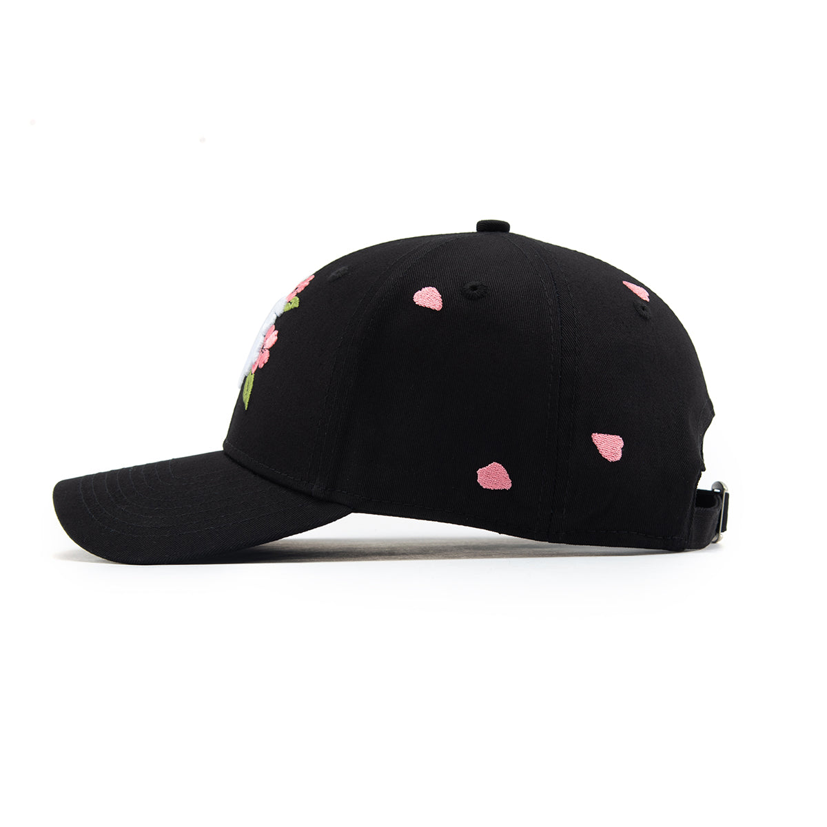 Black cap with pink sakura pettals patterns on a white background