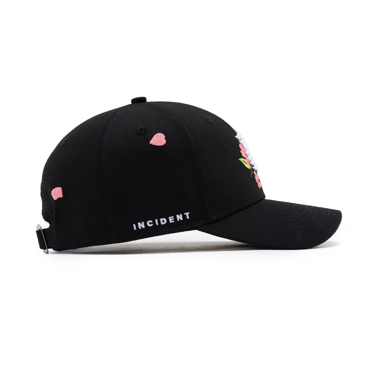 Black cap with pink floral designs and 'INCIDENT' text on a white background