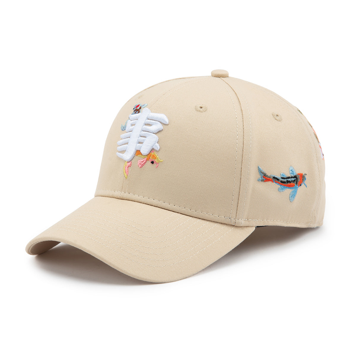 Beige cap with fish skeleton embroidery on a white background