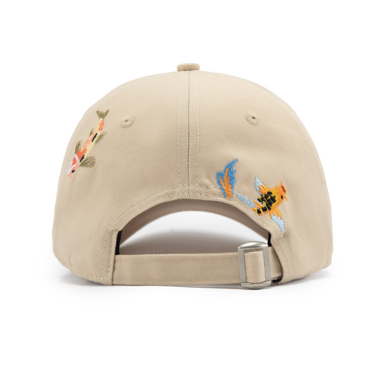 Beige cap with embroidered designs on a white background