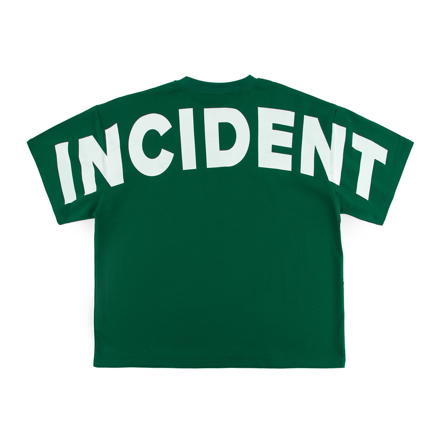 Green t-shirt with 'INCIDENT' printed on the back against a white background