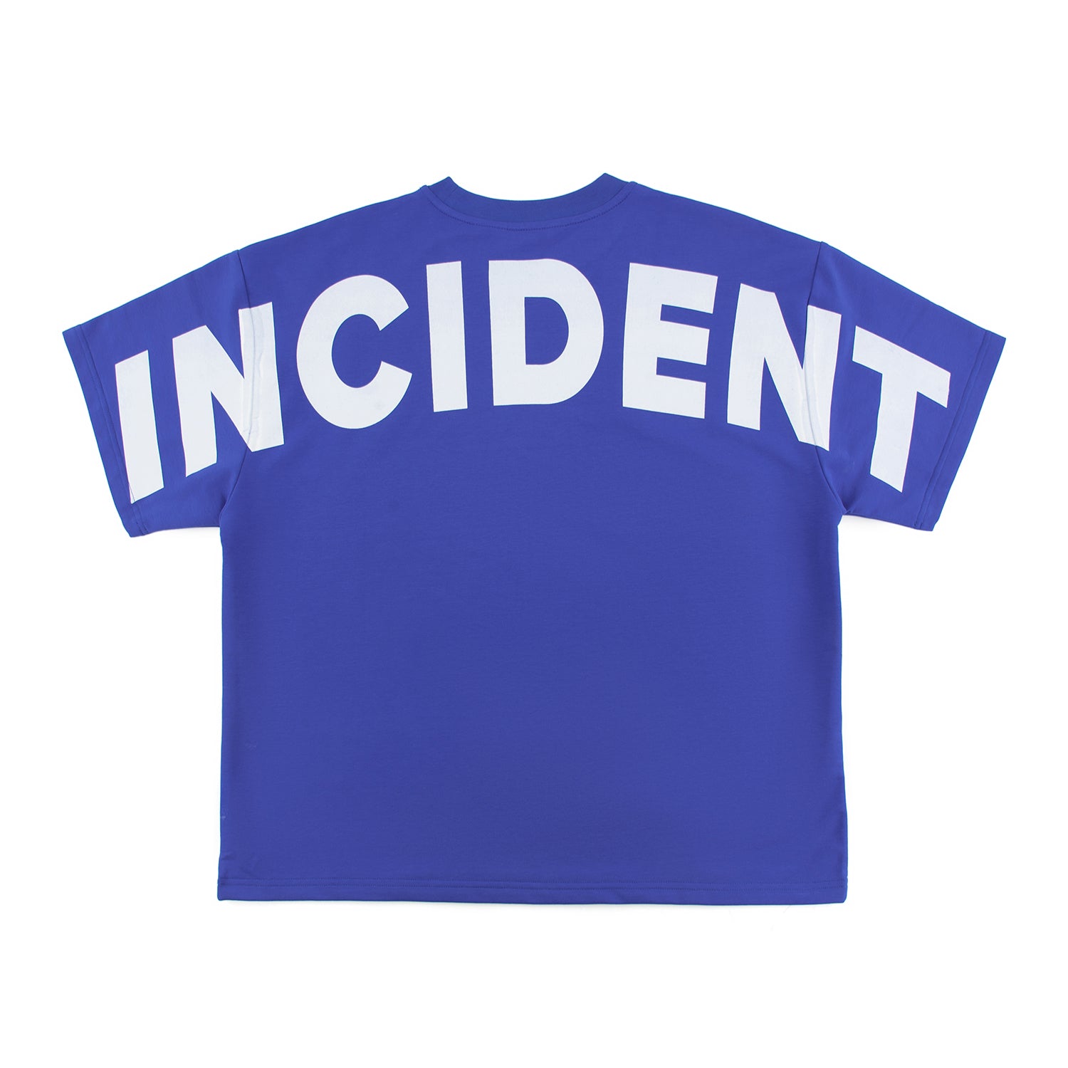 Blue t-shirt with 'INCIDENT' printed on the back against a white background