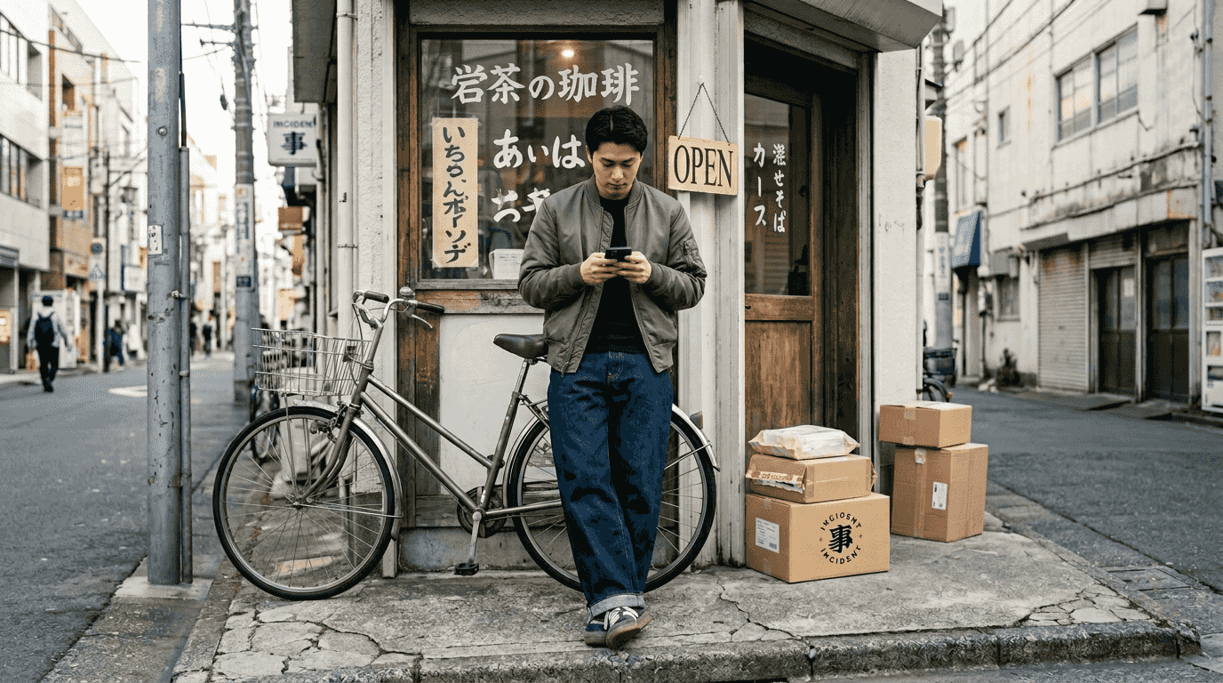Japanese streetwear enthusiast outside Shibuya café