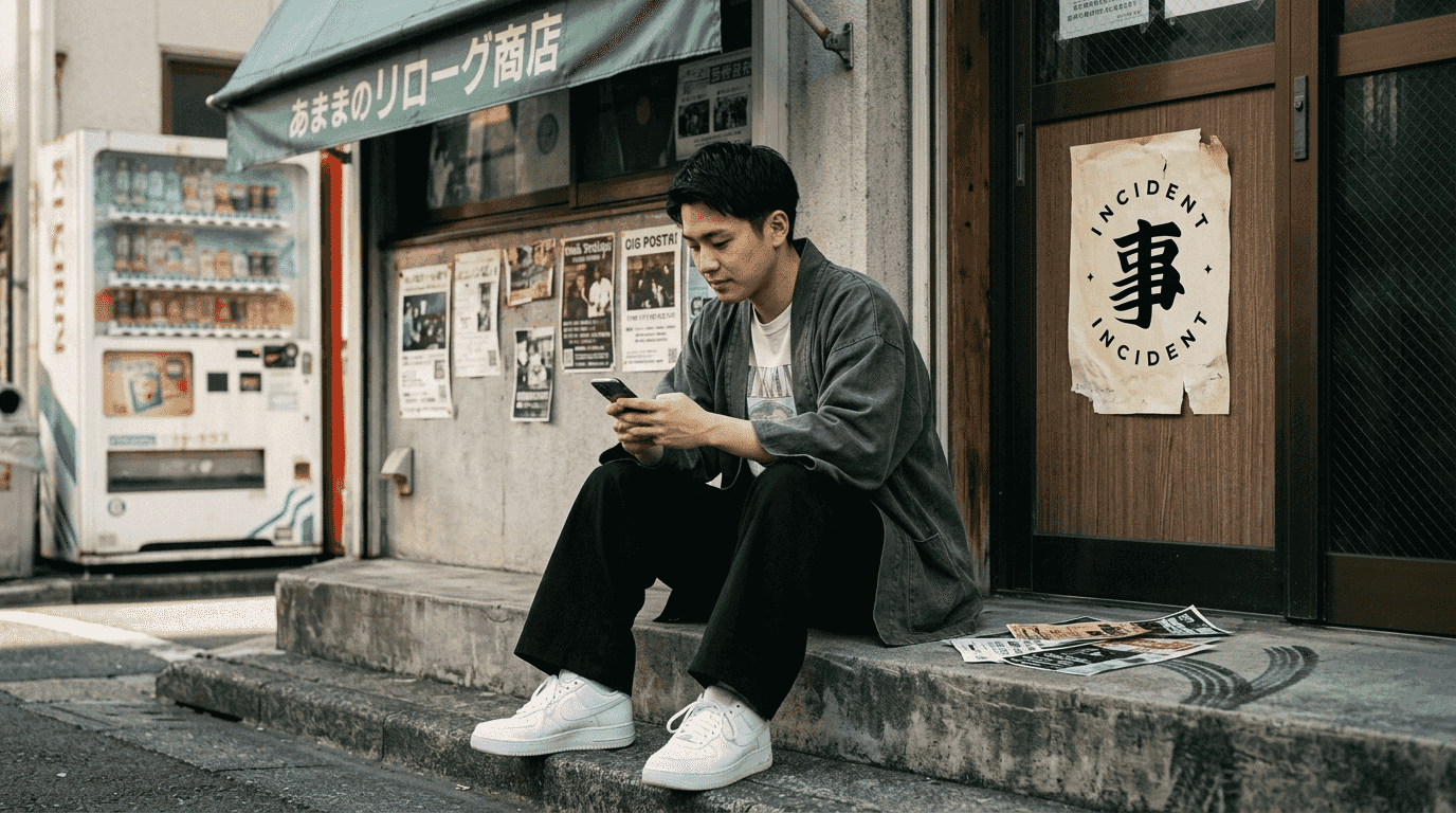 Man in layered Japanese streetwear outside Tokyo shop
