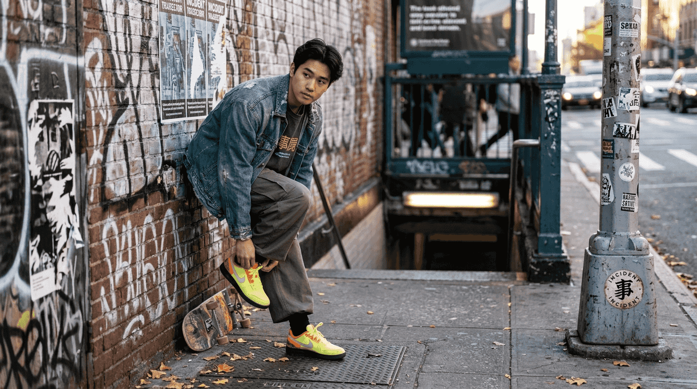 Man adjusts sneakers in urban streetwear scene
