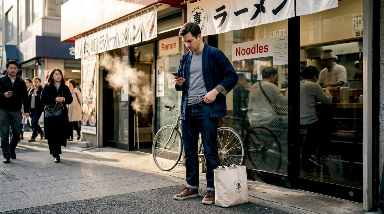Urban streetwear Japanese denim scene outdoors