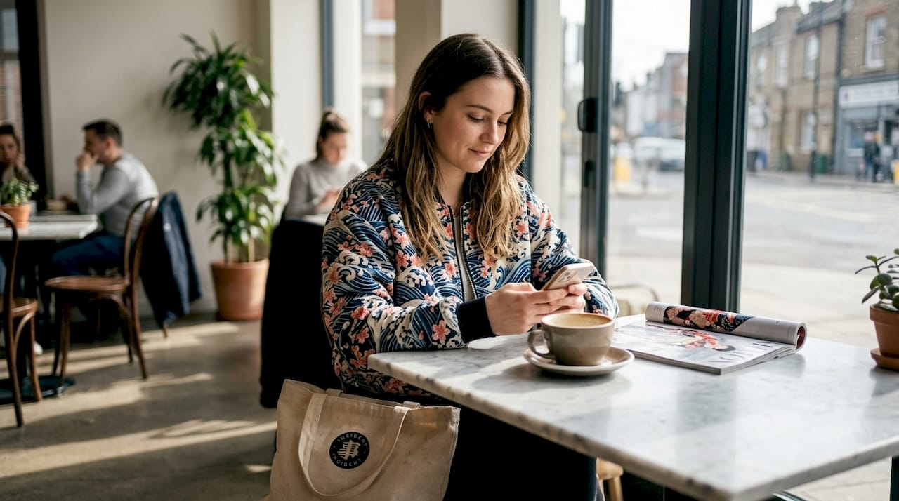 Woman in café wearing Japanese print jacket