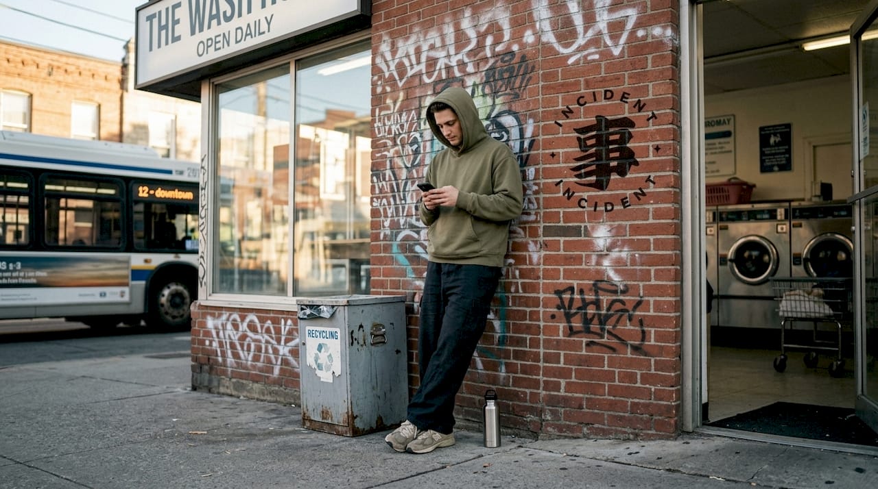 Person wearing sustainable streetwear in city setting