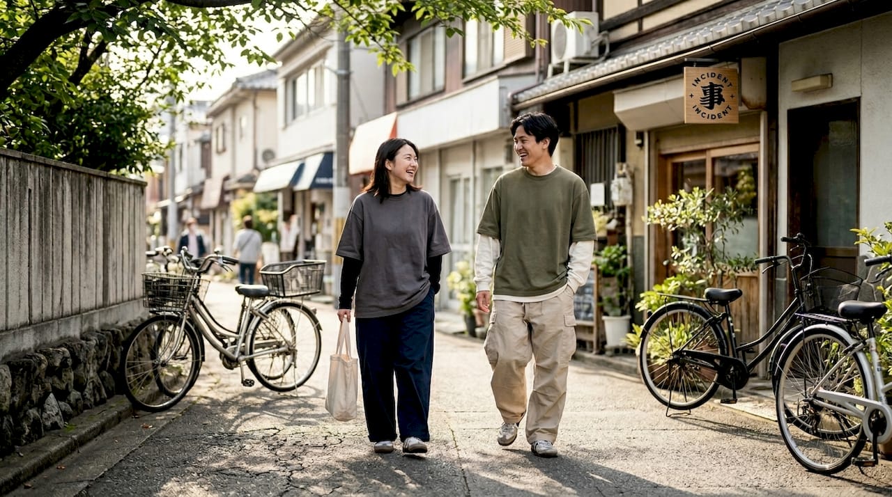 Friends in minimalist unisex streetwear on city street