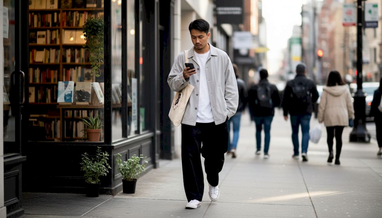 Man in minimalist streetwear walking city sidewalk