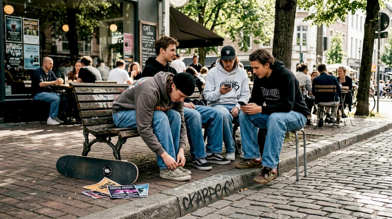 Urban group in streetwear sit at café