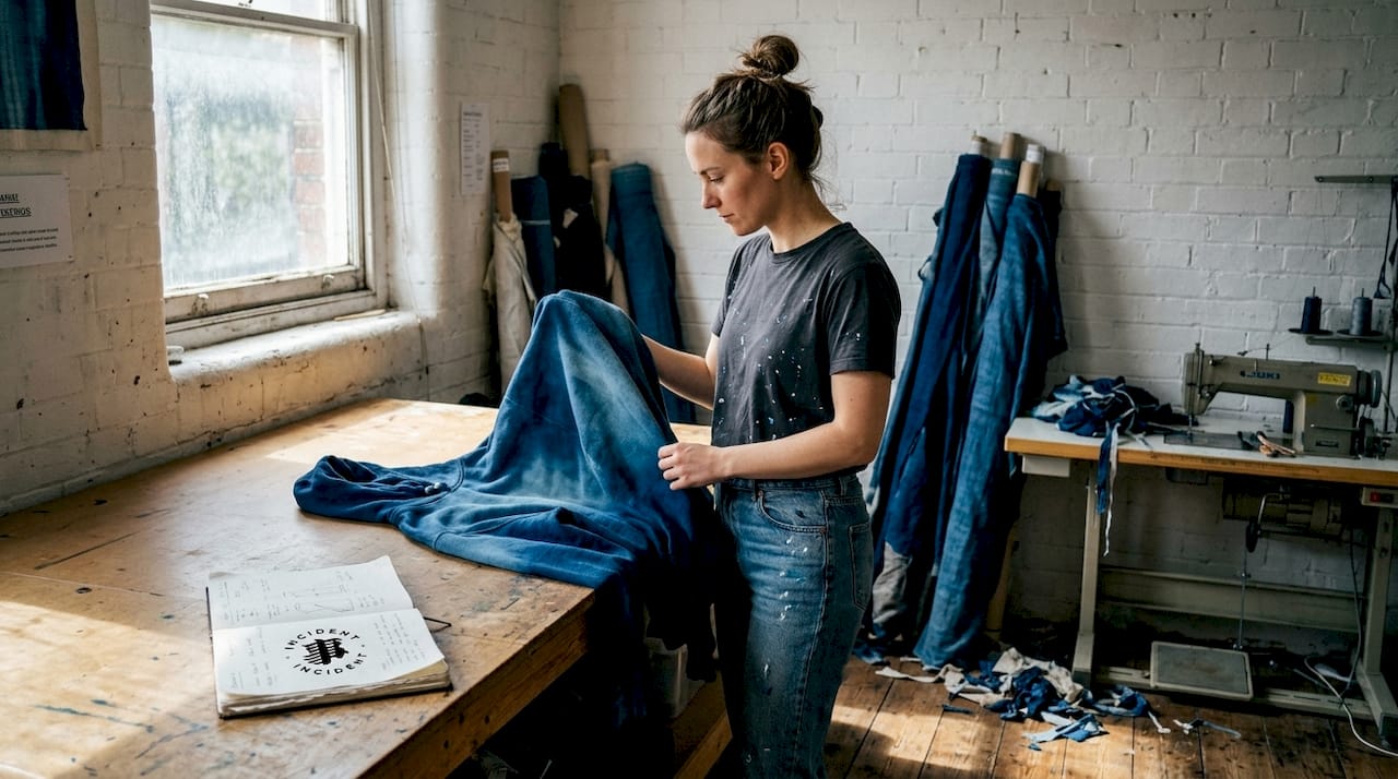 Designer inspecting handcrafted streetwear hoodie