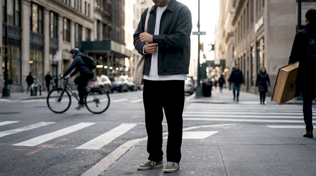 Man in Japanese-inspired minimalist streetwear adjusting cuff