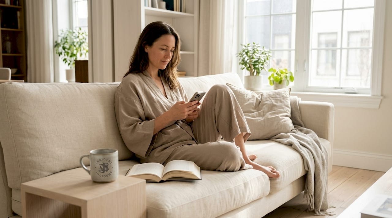 Woman in Japanese-inspired luxury loungewear at home