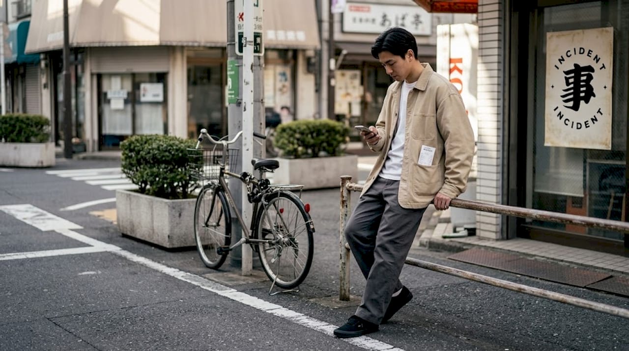 Man in minimalist Japanese streetwear on Tokyo street