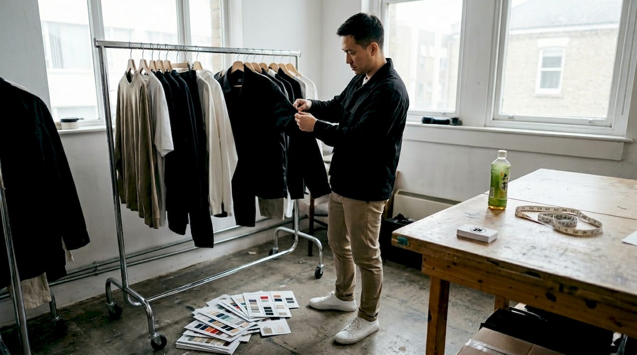 Designer inspects minimalist Japanese streetwear items