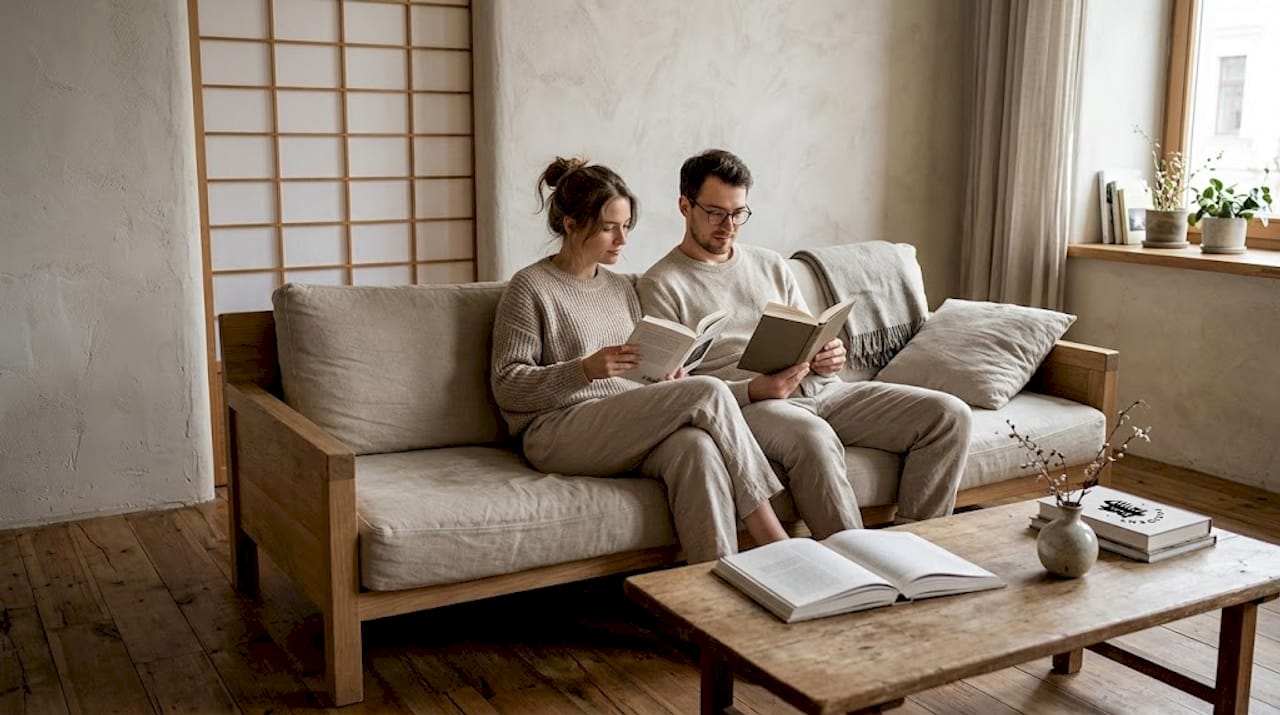 Calm Japandi living room, couple reading quietly