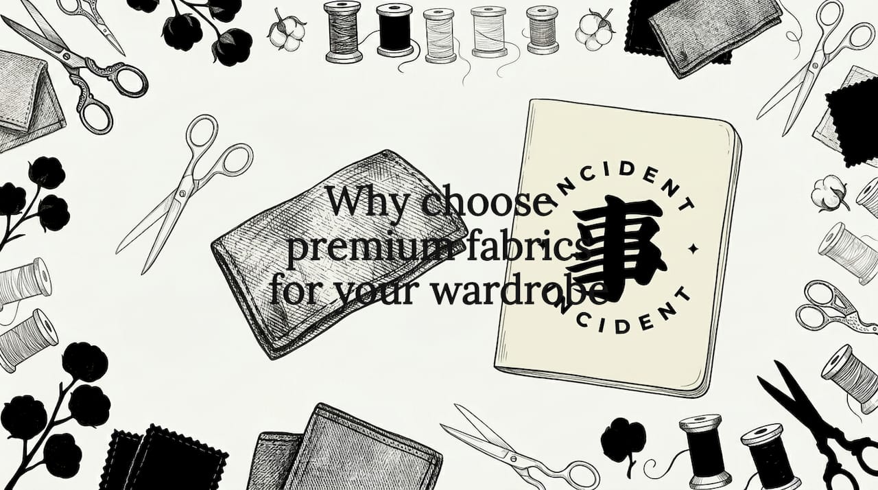 Title card with sewing tools and fabric illustration