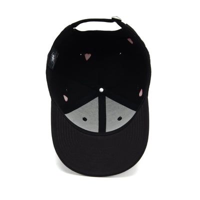 Black cap with a peace symbol design on a white background