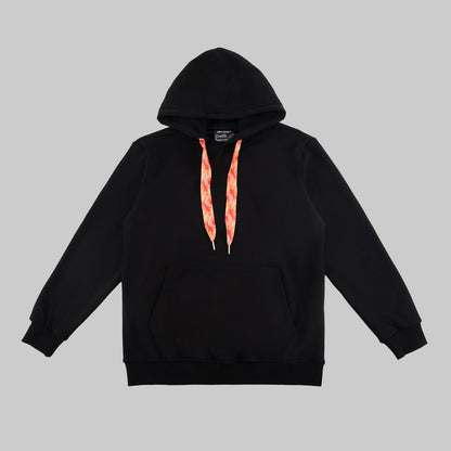 Black hoodie with fire orange drawstrings on a white background