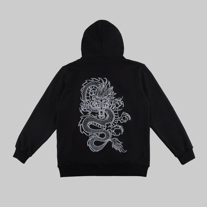 Black hoodie with a white dragon design on the back against a white background