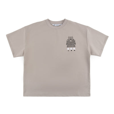 Grey t-shirt with architectural design of the Himeji Castle and text on a white background