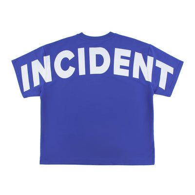 Blue t-shirt with 'INCIDENT' printed on the back against a white background